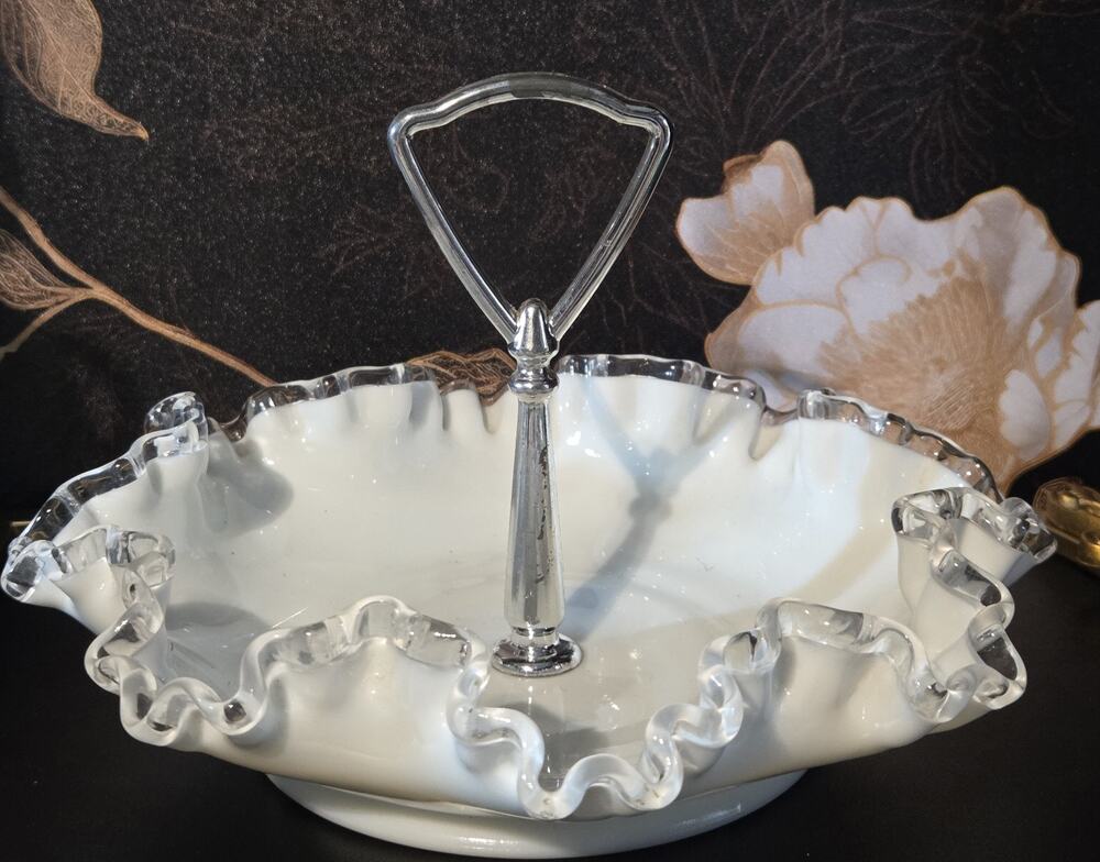 Fenton Silver Crest Milk Glass Candy Dish Bowl Metal Handle Vintage Glassware